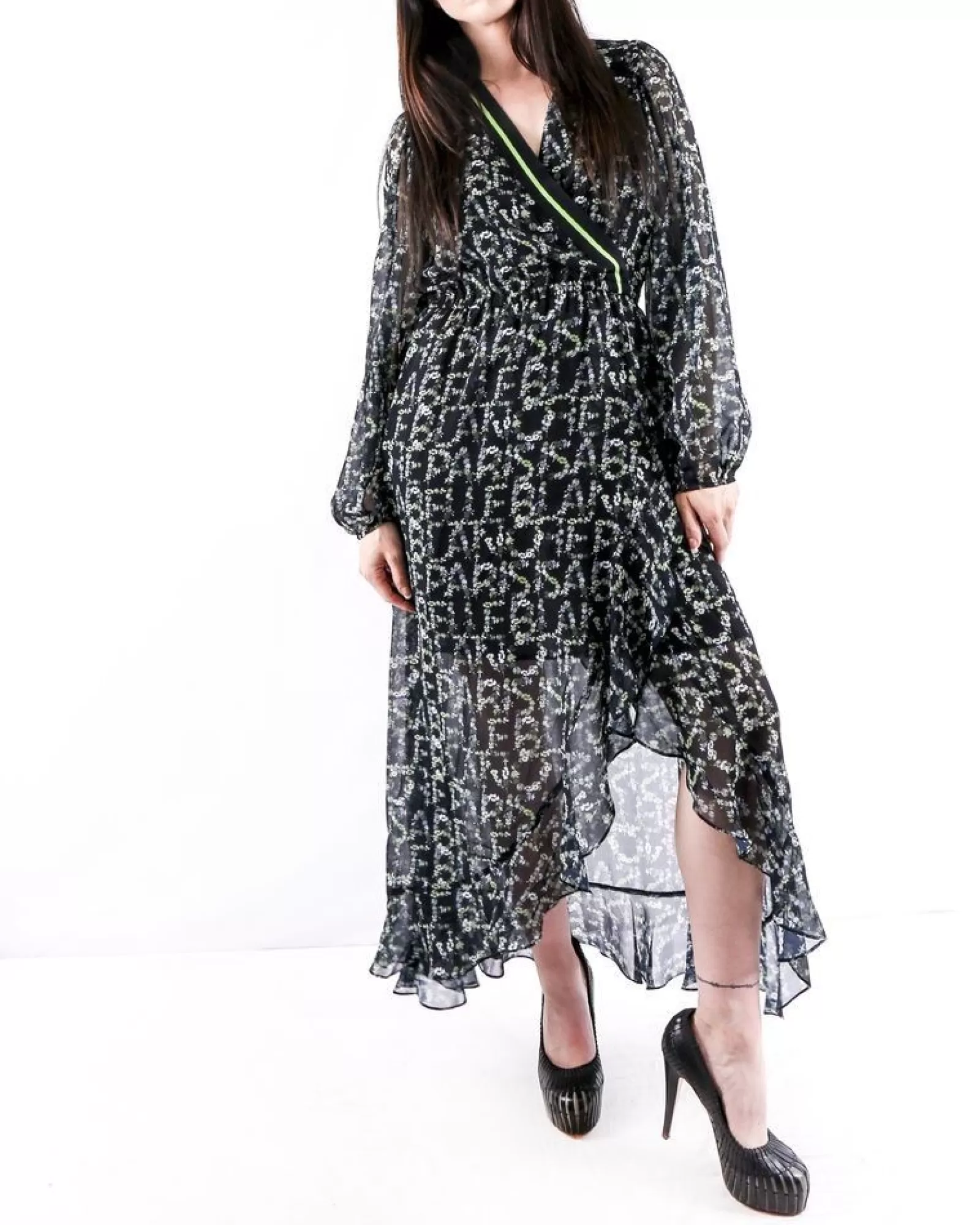 La Piscine Paris Robe longue empire à motif floraux Isabelle Blanche Noir Online