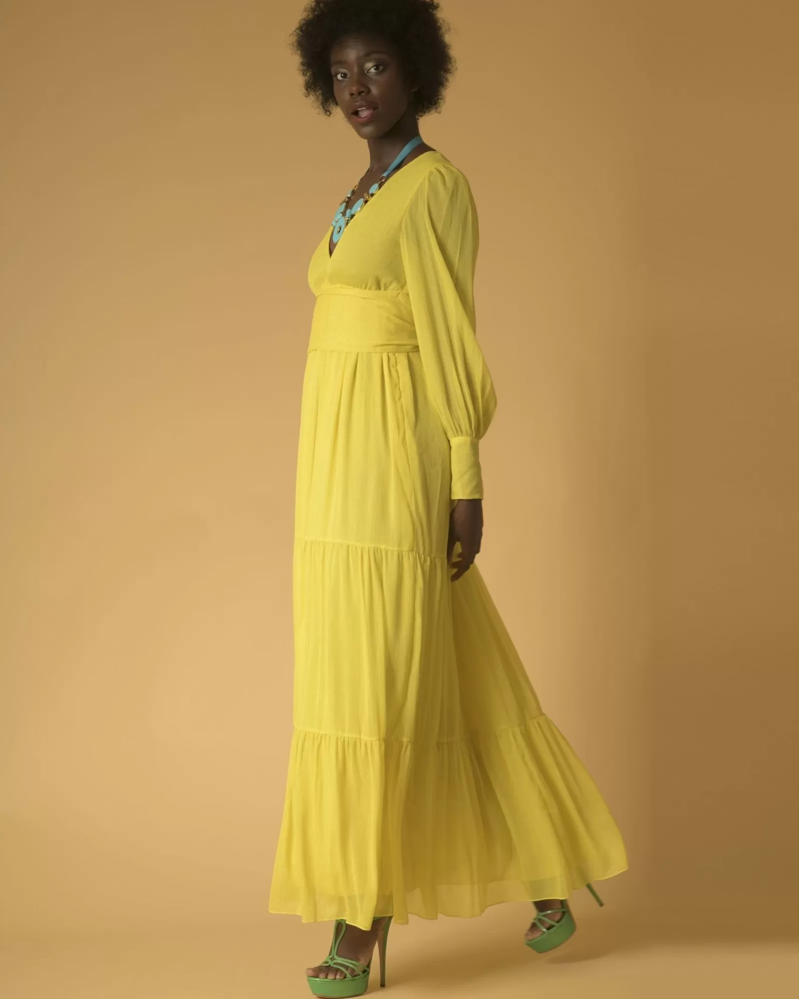 La Piscine Paris Robe longue en georgette à fils métallisés Space Jaune New