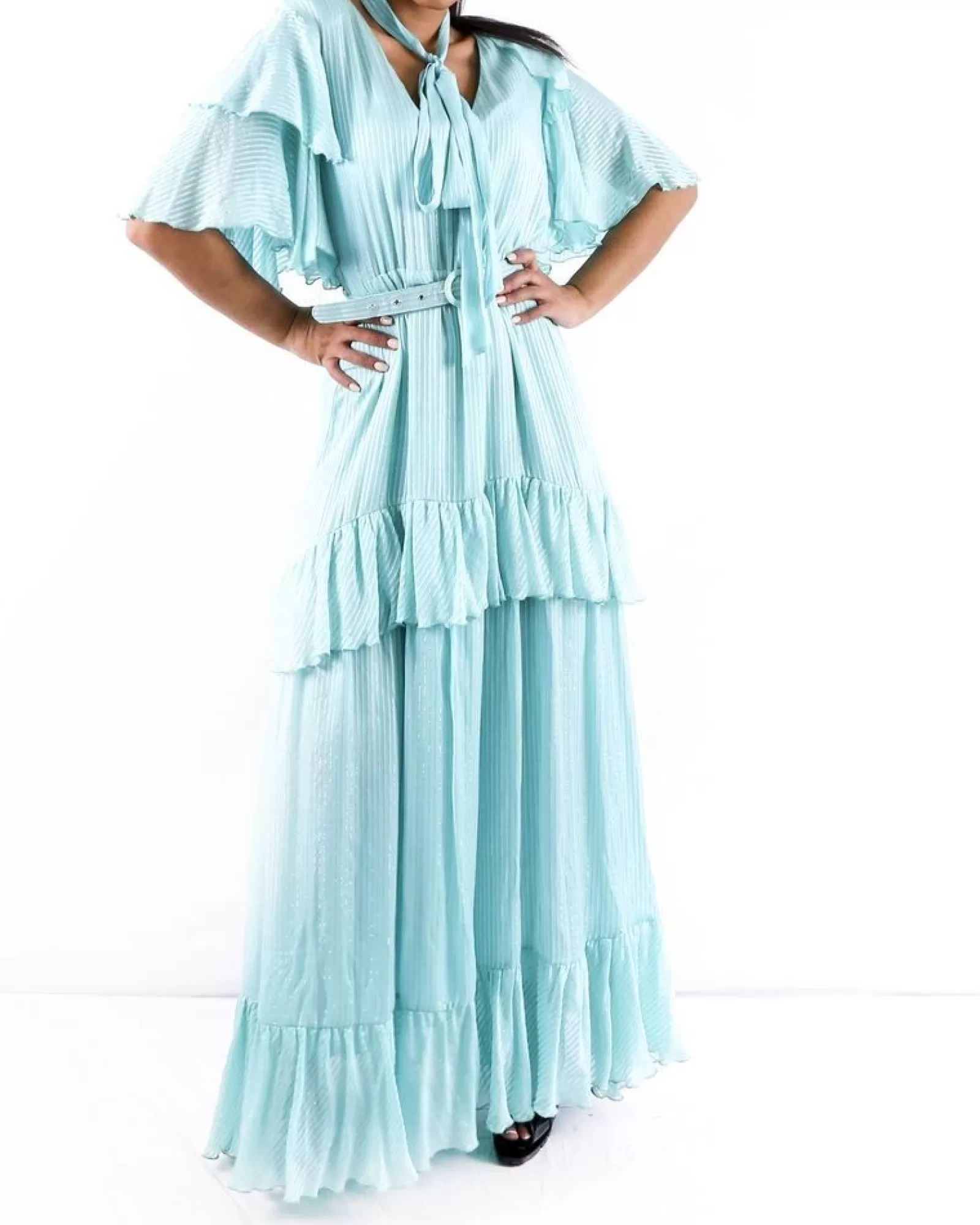 La Piscine Paris Robe longue en soie turquoise lamé volanté Space Simona Corsellini Bleu Sale