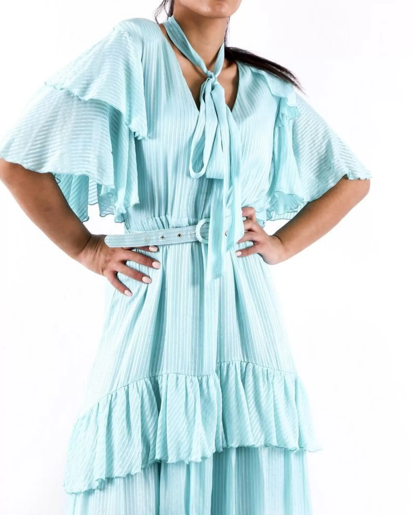 La Piscine Paris Robe longue en soie turquoise lamé volanté Space Simona Corsellini Bleu Sale