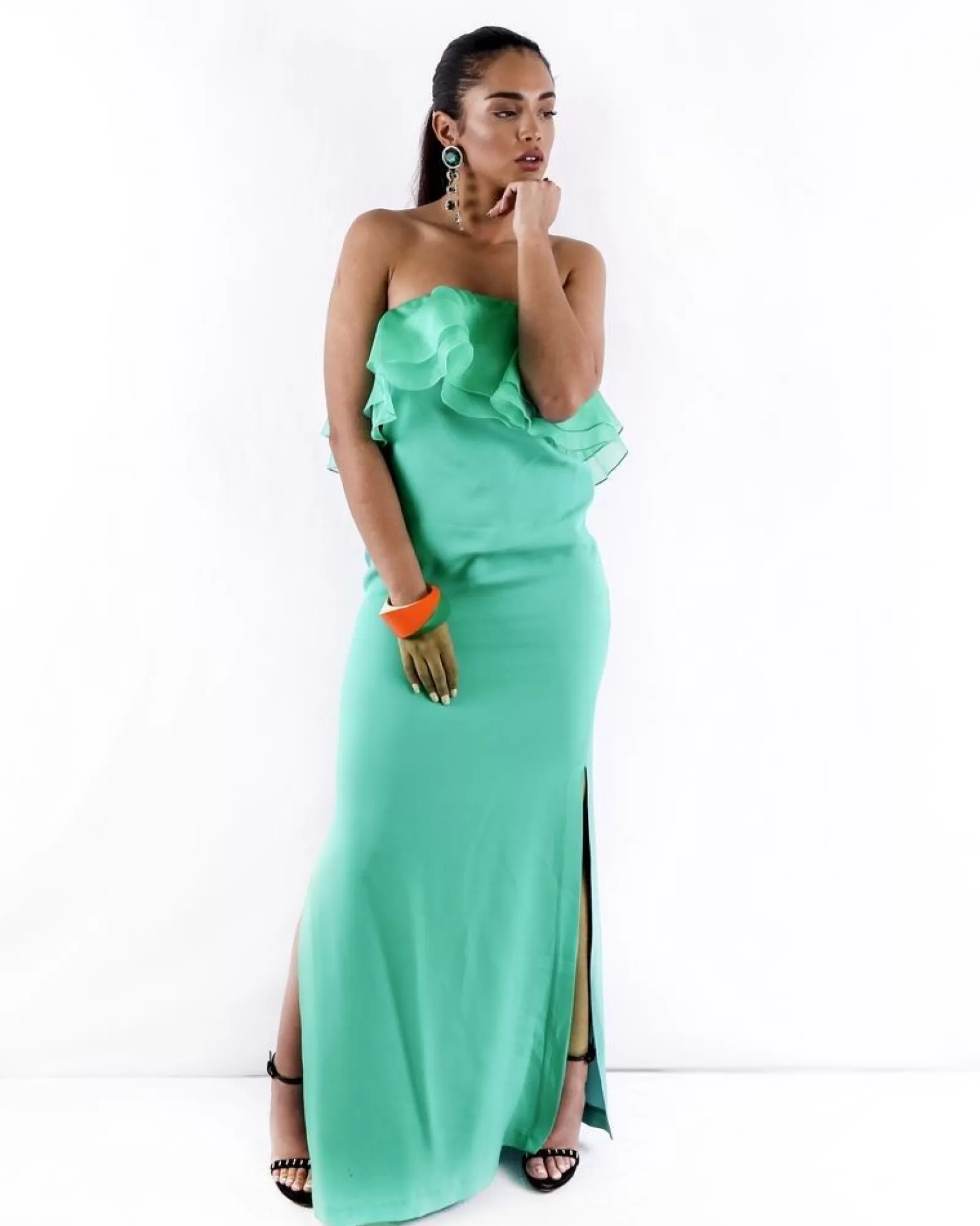 La Piscine Paris Robe volanté bustier en soie Space Simona Corsellini Vert Outlet