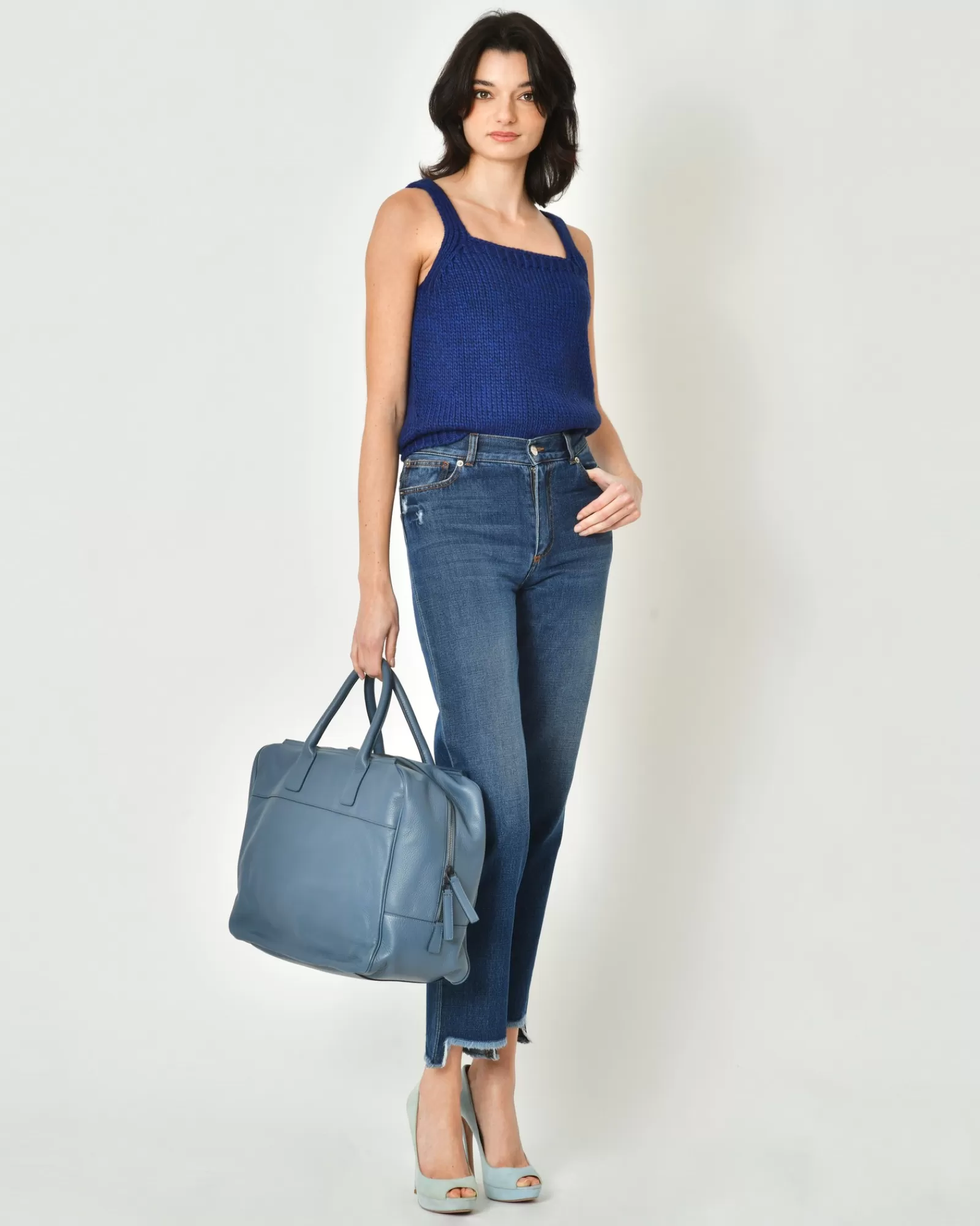 La Piscine Paris Sac à main en cuir texturé Falorni Bleu Online