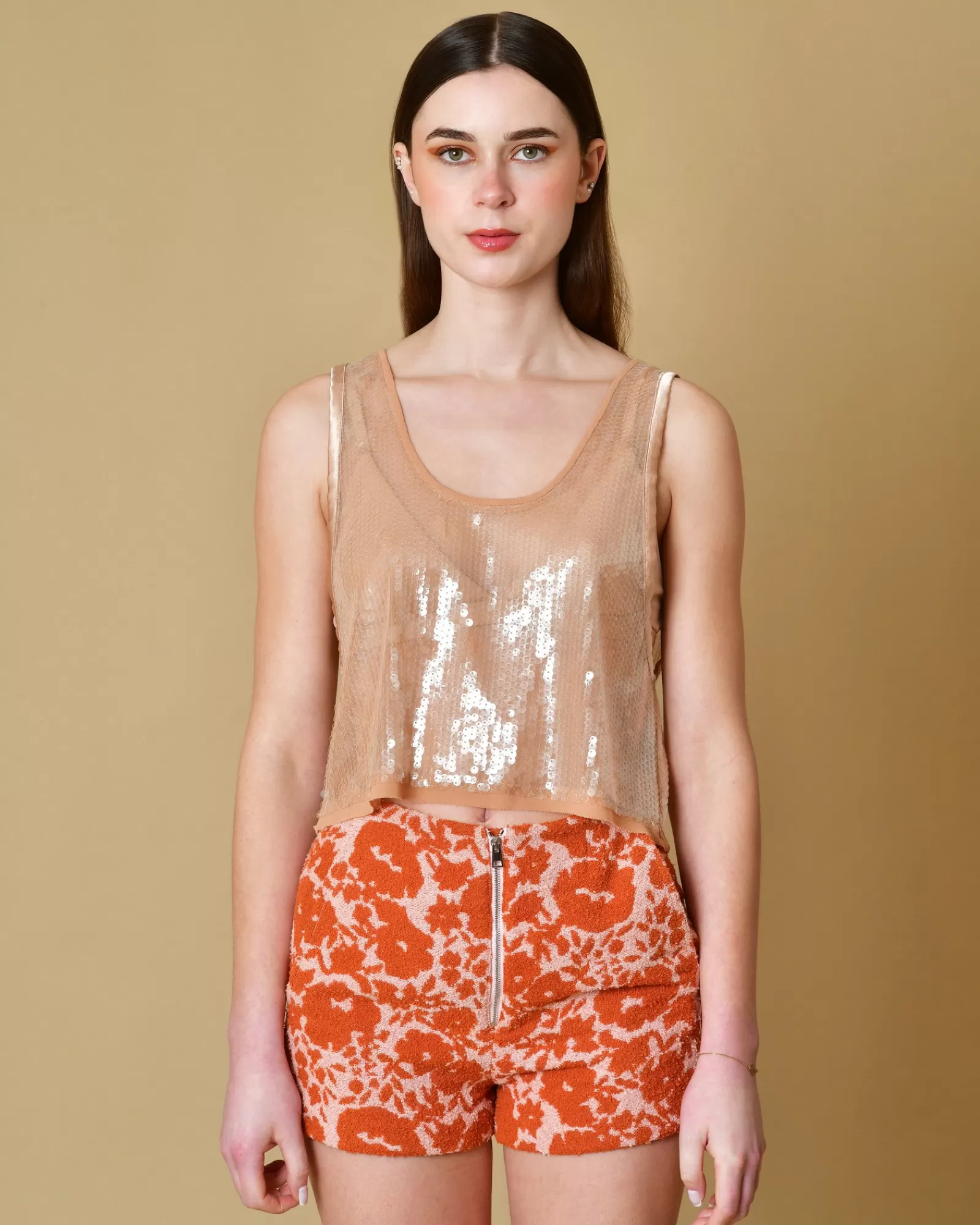 La Piscine Paris Top en tulle à sequins Tela Beige Discount