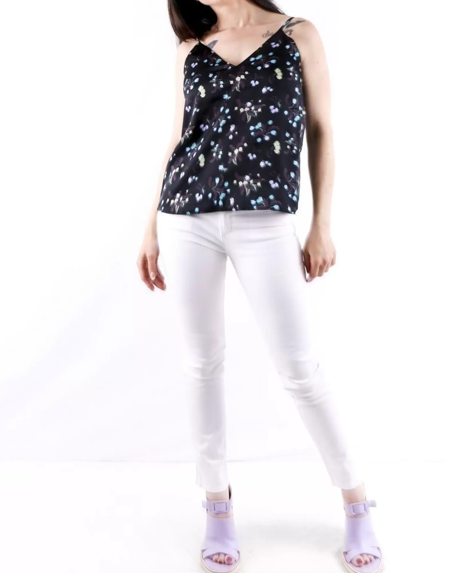 La Piscine Paris Top caraco en satin fleuris Isabelle Blanche Noir Sale