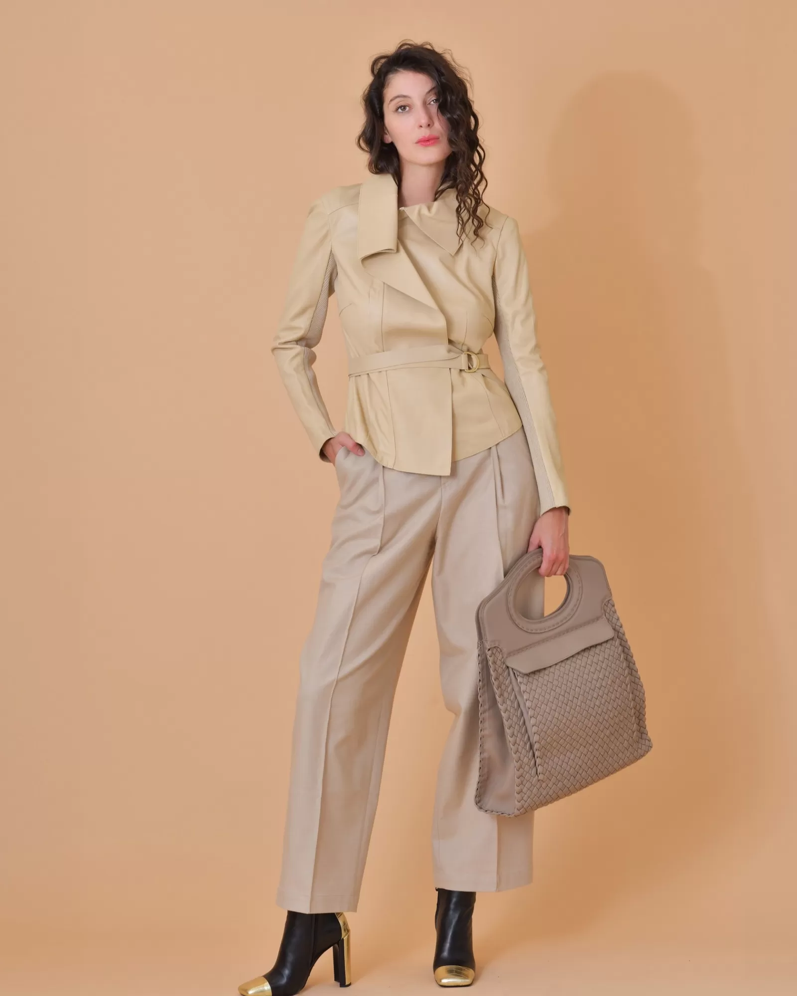 La Piscine Paris Veste en cuir à empiècements Lorena Antoniazzi Beige Cheap