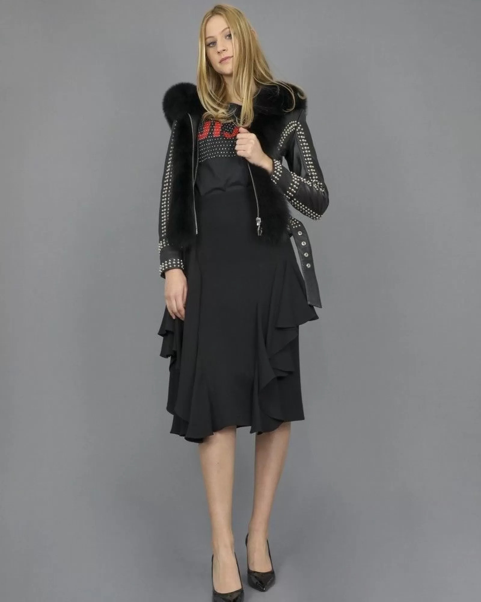 La Piscine Paris Veste en cuir col en fourrure Philipp Plein Noir Clearance