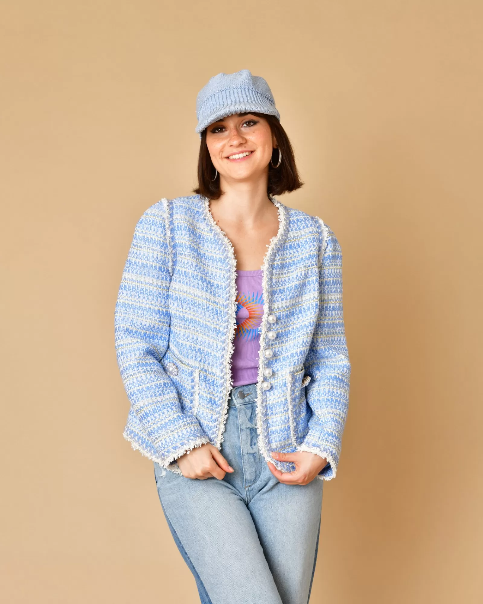 La Piscine Paris Veste en tweed à boutons perles Edward Achour Bleu Shop