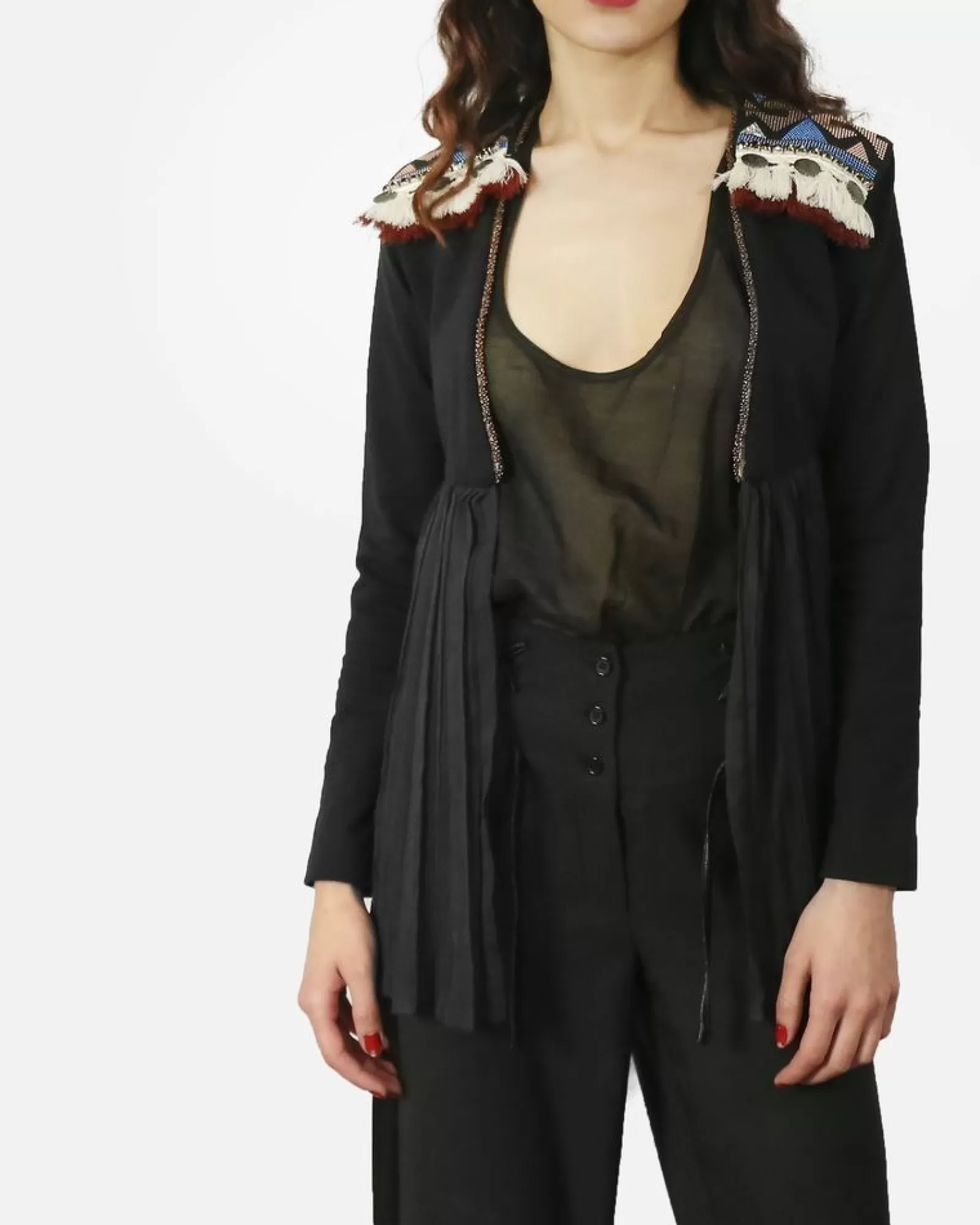La Piscine Paris Veste à empiècement mousseline drapé & broderies ethniques Jijil Noir Best Sale