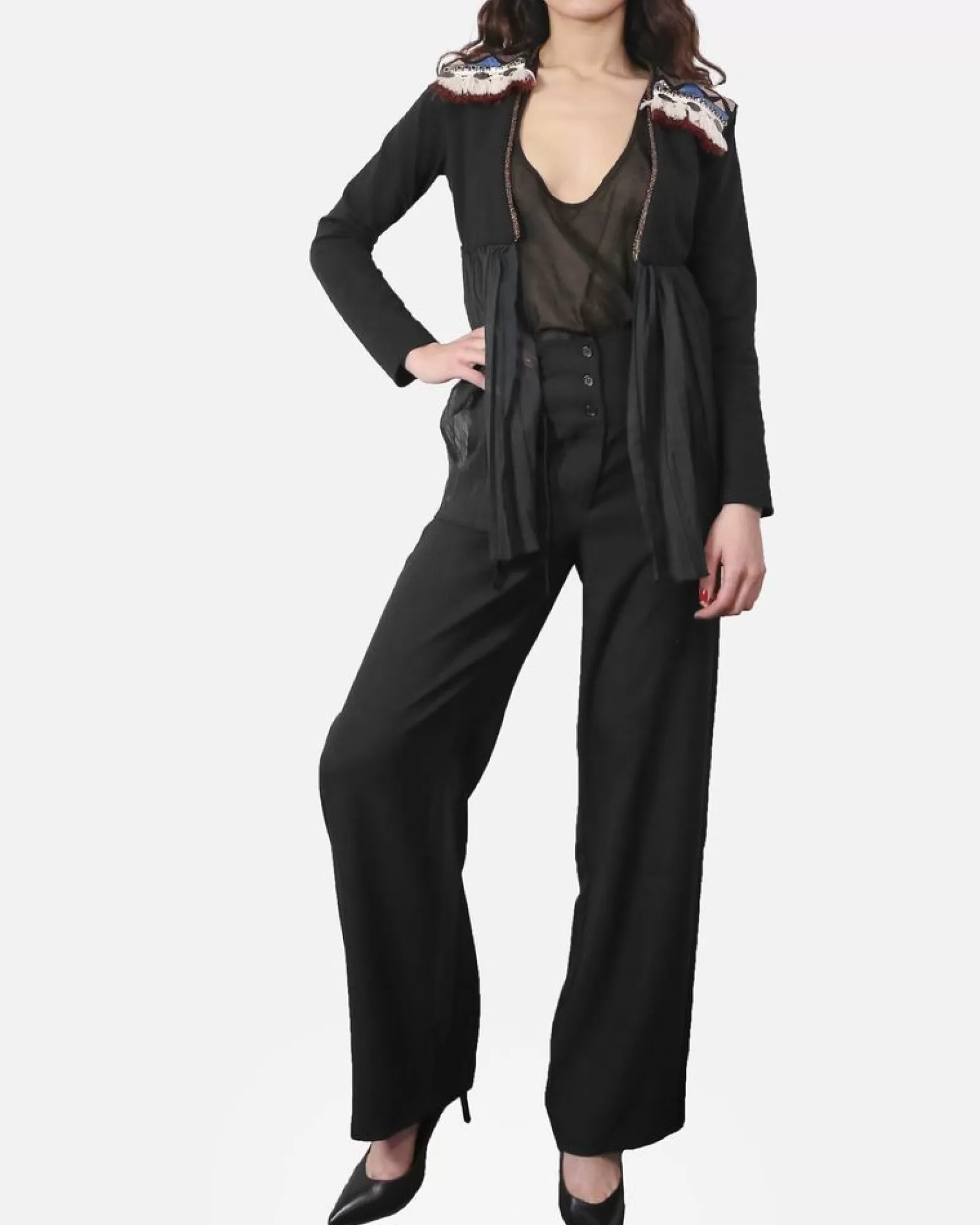 La Piscine Paris Veste à empiècement mousseline drapé & broderies ethniques Jijil Noir Best Sale